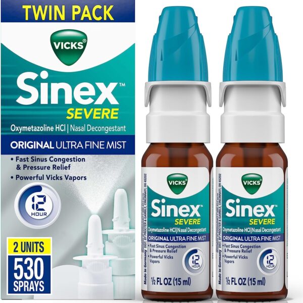 Sinex SEVERE Nasal Spray, Original Ultra Fine Mist, Decongestant Medicine, Relief from Stuffy Nose Due to Cold or Allergy, & Nasal Congestion, Sinus Pressure Relief, 265 Sprays X 2