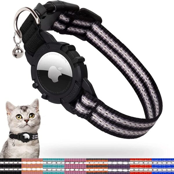 FEEYAR Airtag Cat Collar,Integrated Kitten Collar with Apple Airtag Holder, Reflective GPS Cat Collar with Bell[Black], Lightweight Tracker Cat Collars for Girl Boy Cats, Kittens and Puppies