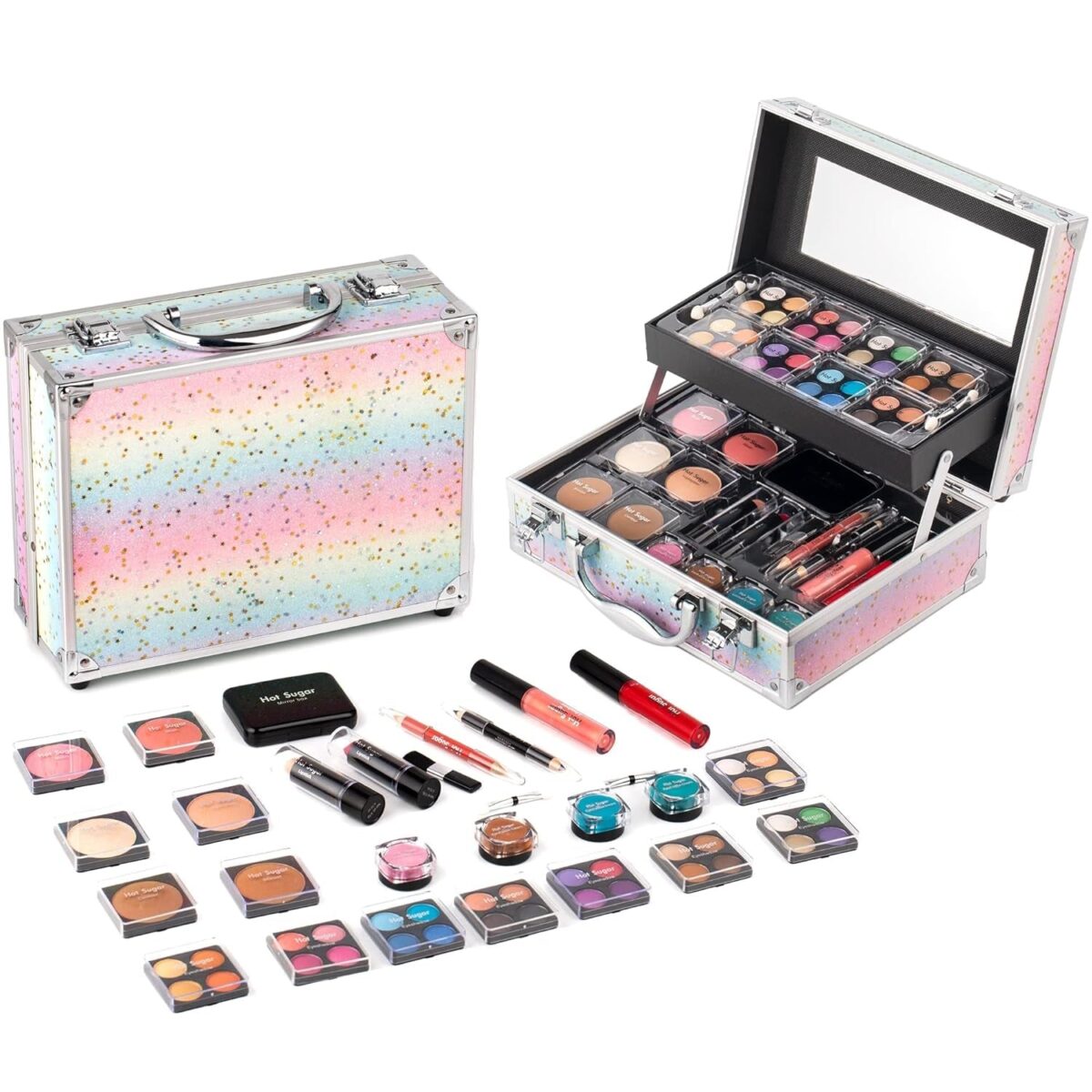 "Hot Sugar Makeup Kit: The Ultimate Cosmetic Gift Set for Women and Teen Girls - Complete with a Stunning Rainbow Train Case, Vibrant Eyeshadow Palette, Blush, Lipstick, and More!"