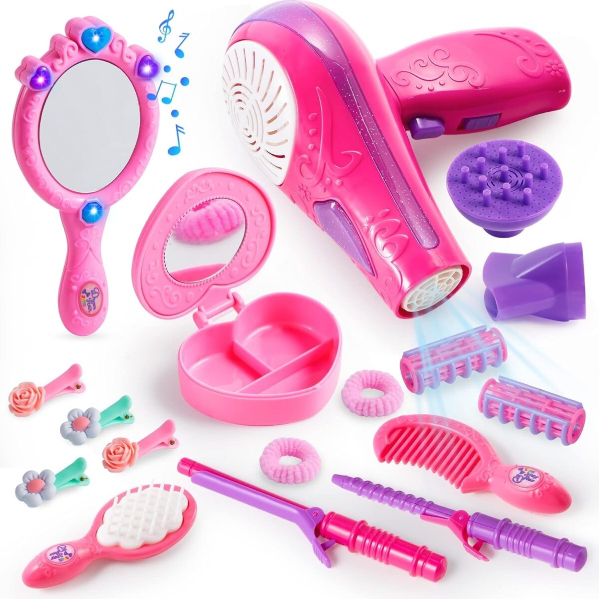 "Ultimate Glamour Makeover Set for Girls - 17Pcs Pretend Play Beauty Salon Kit with Hairdryer, Curling Iron, and More! Perfect for Fashionable Kids, Birthday Parties, and Endless Fun!"