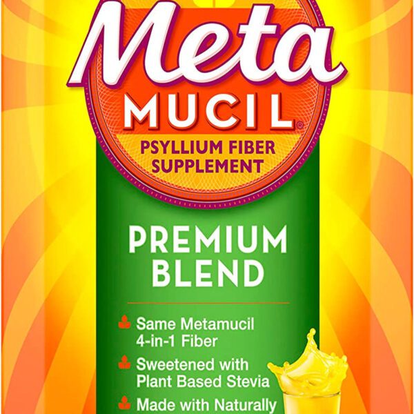 "Metamucil Premium Blend: A Daily Psyllium Fiber Powder Supplement for Optimal Digestive Health - 4-In-1 Fiber Formula, Sugar-Free with Stevia, Orange Flavored - 180 Servings"