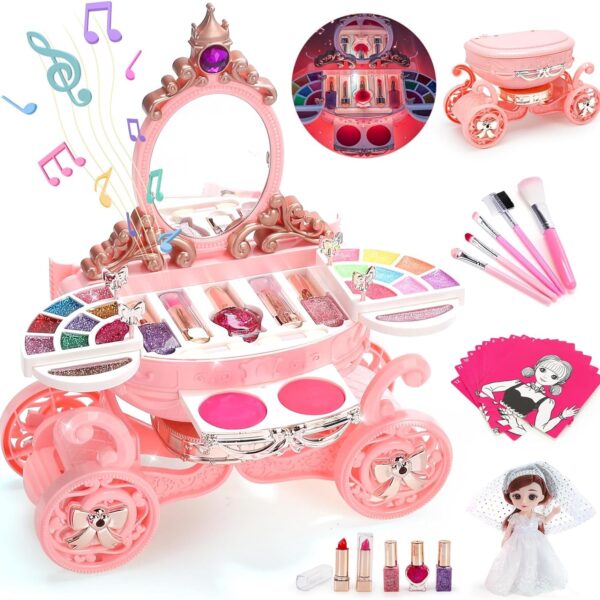 "Princess Glamour Kit: 3-in-1 Play Makeup Set with Washable & Non-Toxic Cosmetics, Doll, and Pretend Play Cards - Perfect Birthday Gift for Stylish Toddlers (Ages 3-8)"