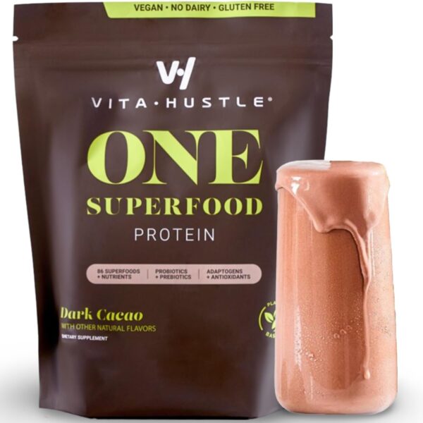 "Boost Your Health with Vitahustle Superfood Plant Protein & Greens Shake - Packed with Probiotics, Ashwagandha, and Essential Vitamins for a Delicious and Nutritious Meal Replacement - Indulge in the Rich and Decadent Chocolate Cacao Flavor!"