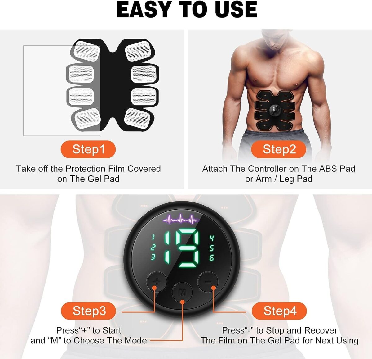 Grexemin ABS Stimulator Workout Equipment, Ab Machine USB Rechargeable Gear for Abdomen/Arm/Leg, Strength Training Equipment for Men and Women