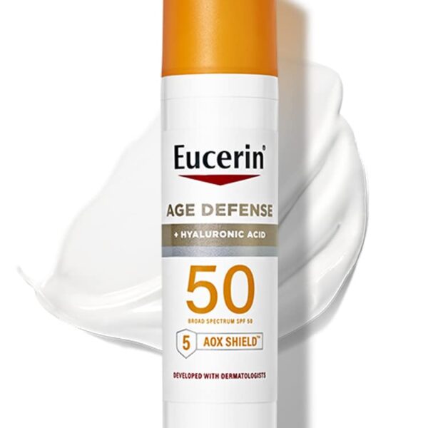 Eucerin Sun Age Defense SPF 50 Face Sunscreen Lotion with Hyaluronic Acid, Facial Sunscreen with 5 Antioxidants, 2.5 Fl Oz Bottle (Color: White)