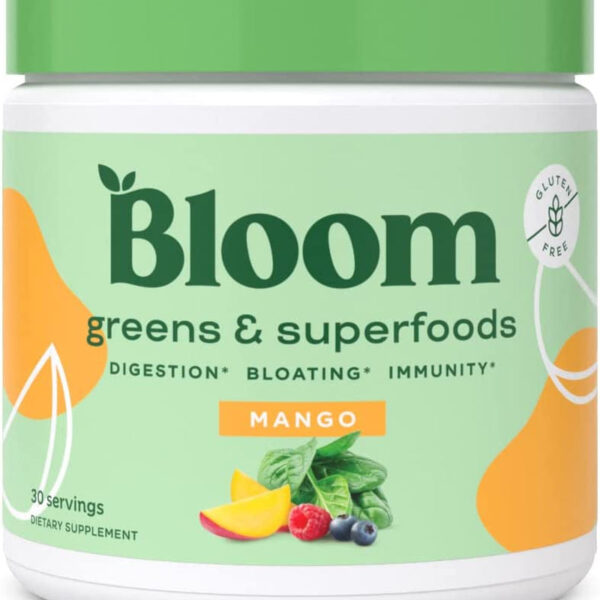 Bloom Nutrition Green Superfood | Super Greens Powder Juice & Smoothie Mix | Complete Whole Foods (Organic Spirulina, Chlorella, Wheat Grass), Probiotics, Digestive Enzymes, & Antioxidants (Mango)