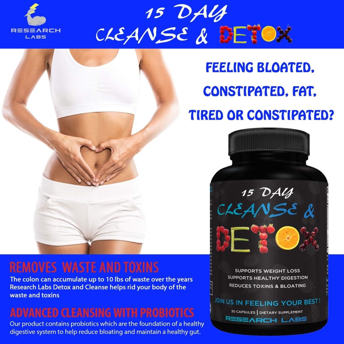 15 Day Colon Cleanse & Detox for Less Bloat Flat Tummy W/Probiotics - 2 Fer 1 - Constipation Relief - Flushes Toxins, Boosts Energy. Clinically Researched Safe and Effective Formula