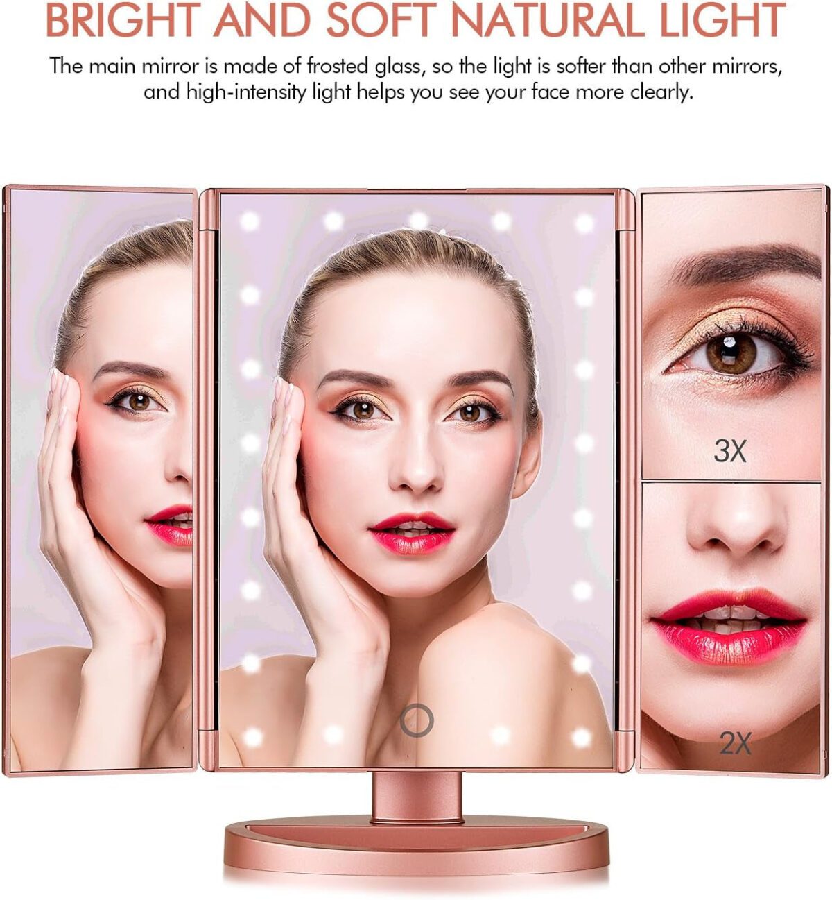 "Illuminate Your Beauty with the Flymiro Rose Gold Tri-Fold Vanity Makeup Mirror - 3X/2X Magnification, 21 LED Lights, Touch Screen, 180 Degree Rotation - Perfect for Countertop and Travel"