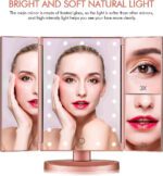 "Illuminate Your Beauty with the Flymiro Rose Gold Tri-Fold Vanity Makeup Mirror - 3X/2X Magnification, 21 LED Lights, Touch Screen, 180 Degree Rotation - Perfect for Countertop and Travel"