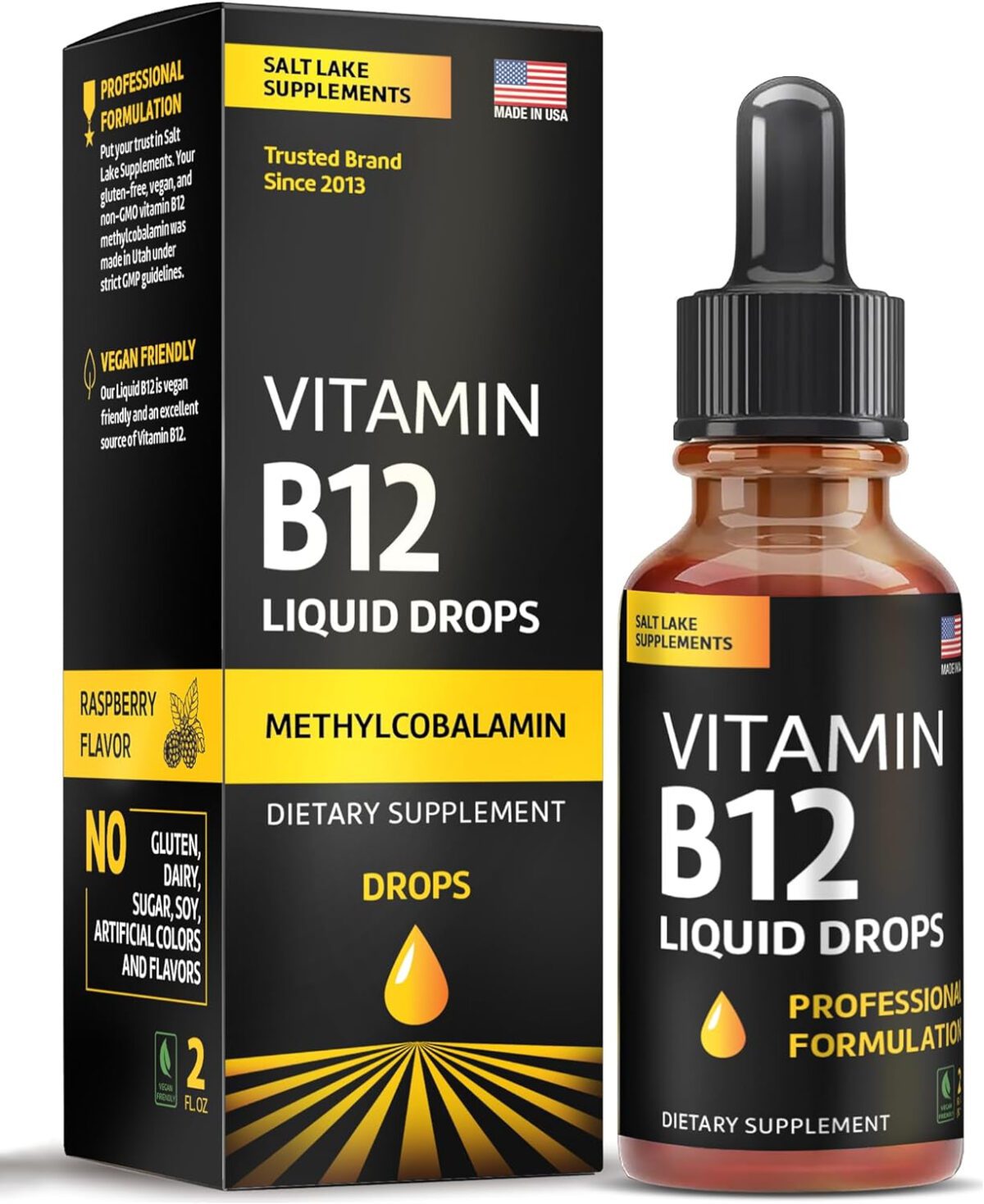 "Raspberry Flavored Vegan B12 Liquid Drops - Fast-Acting Sublingual Complex with B Vitamins - Non-GMO, Dairy-Free, Soy-Free, and Sugar-Free - 2 Fl. Oz."