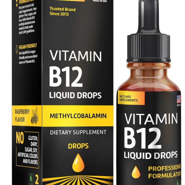 "Raspberry Flavored Vegan B12 Liquid Drops - Fast-Acting Sublingual Complex with B Vitamins - Non-GMO, Dairy-Free, Soy-Free, and Sugar-Free - 2 Fl. Oz."