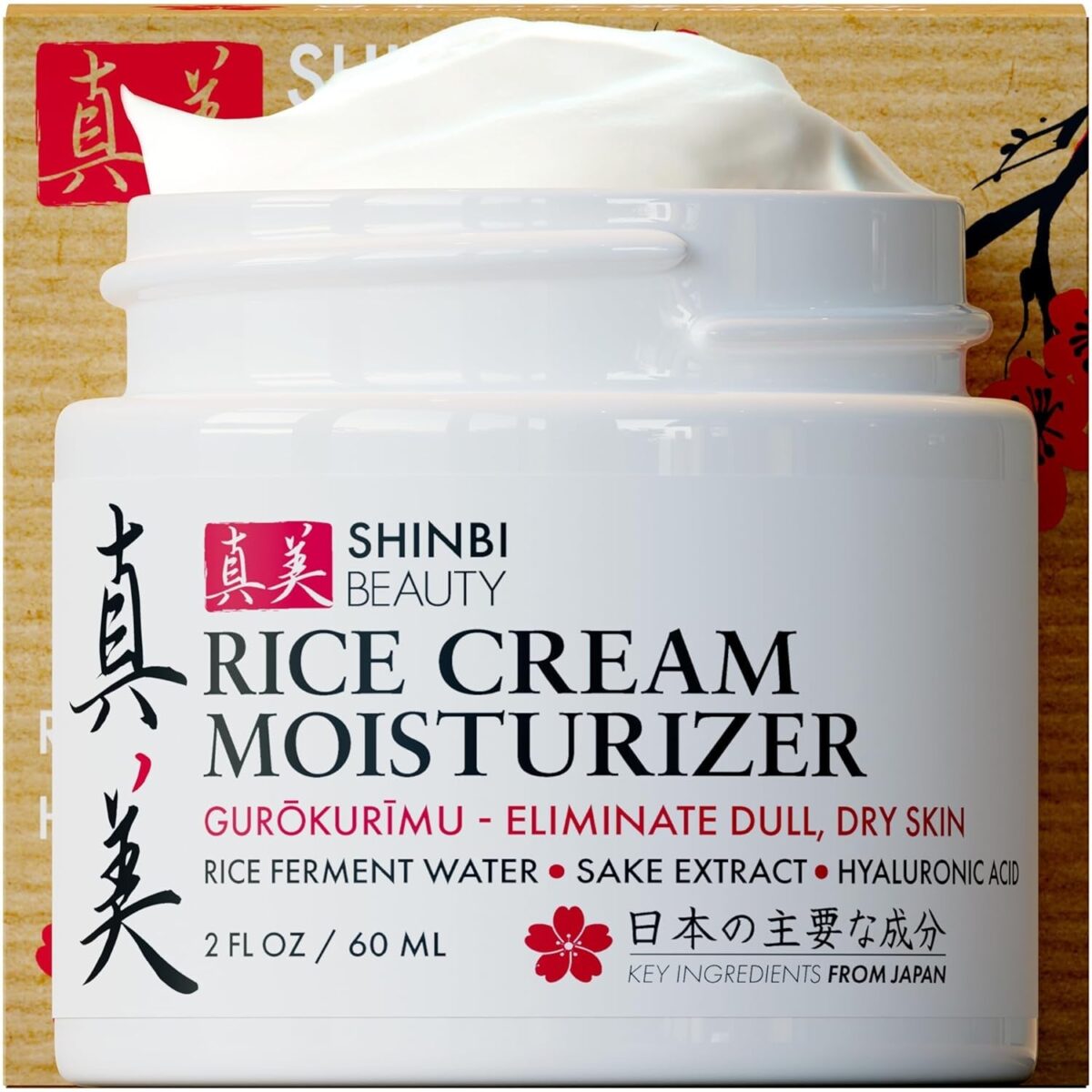 Shinbi Beauty Japanese Skincare Moisturizer for Face - Rice Cream with Rice Ferment + Sake Extract - J Beauty Natural Asian Skincare Products 2Oz