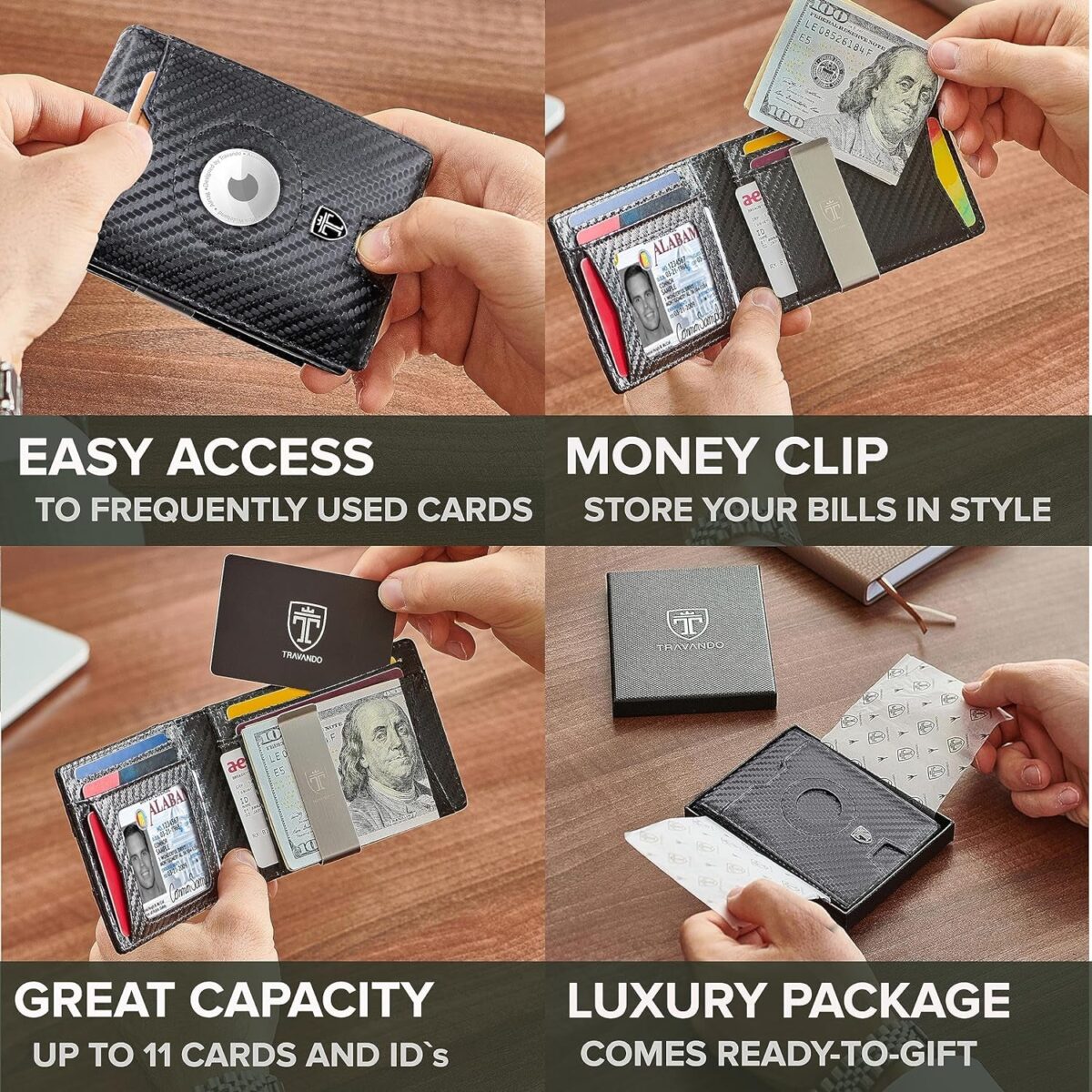 "Ultimate TRAVANDO Airtag* Wallet: Stylish RFID Blocking Men's Wallet with Money Clip, Air Tag Holder, and Card Organizer - Perfect Bifold Gift for Men!"