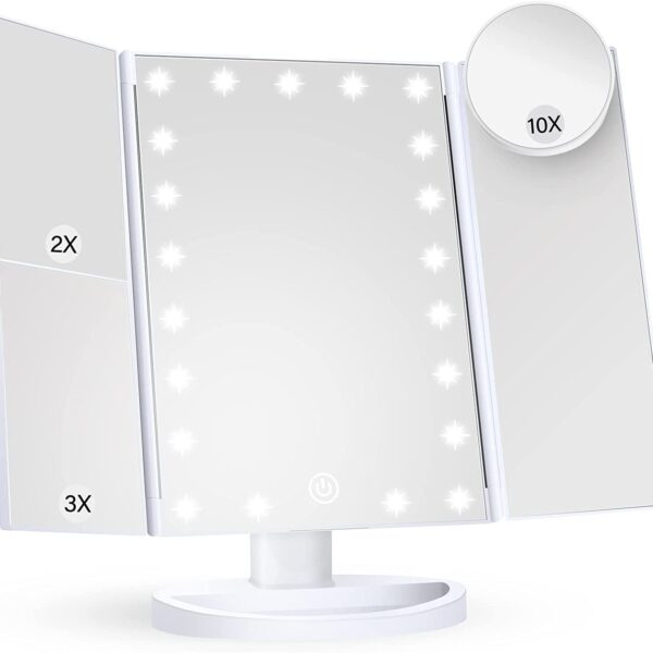 "Illuminate Your Beauty: Tri-Fold LED Makeup Mirror with Touch Control, 10X Magnification, and Dual Power Supply - Perfect Women's Gift in Elegant White"