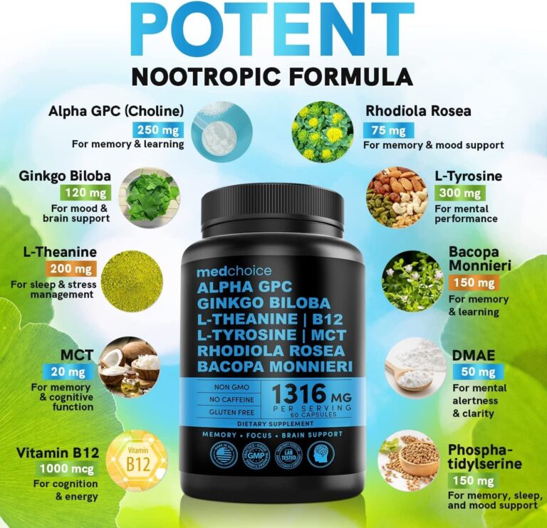 10-In-1 Nootropic Brain Supplements: Memory & Focus Supplement with Ginkgo Biloba, L Theanine, Alpha GPC Choline - 1316Mg, 60Ct - Stimulant Free, Vegan, Non-Gmo - Focus Brain Support (1 Pack)