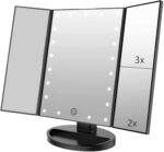 "Illuminate Your Beauty with the Flymiro Rose Gold Tri-Fold Vanity Makeup Mirror - 3X/2X Magnification, 21 LED Lights, Touch Screen, 180 Degree Rotation - Perfect for Countertop and Travel"