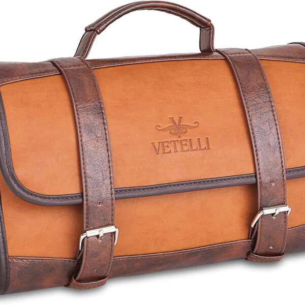 "Vetelli Men's Leather Toiletry Bag - Stylish, Durable, and Organized with Multiple Pockets and Convenient Hanging Hook"