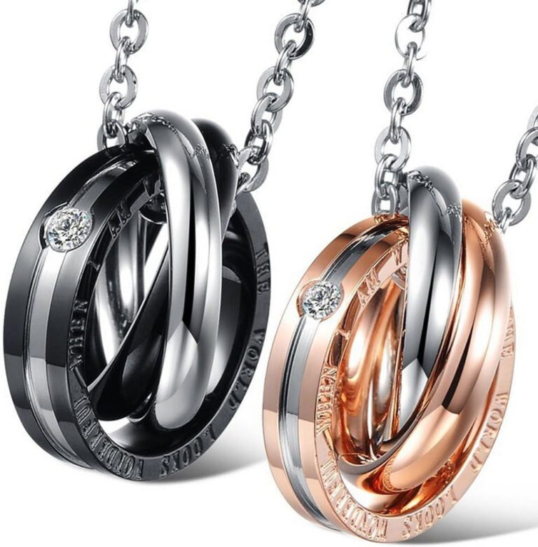 "OIDEA Stainless Steel Lover's Message Pendant Necklace Set - Express Your Love with Dual Rings and Chain"