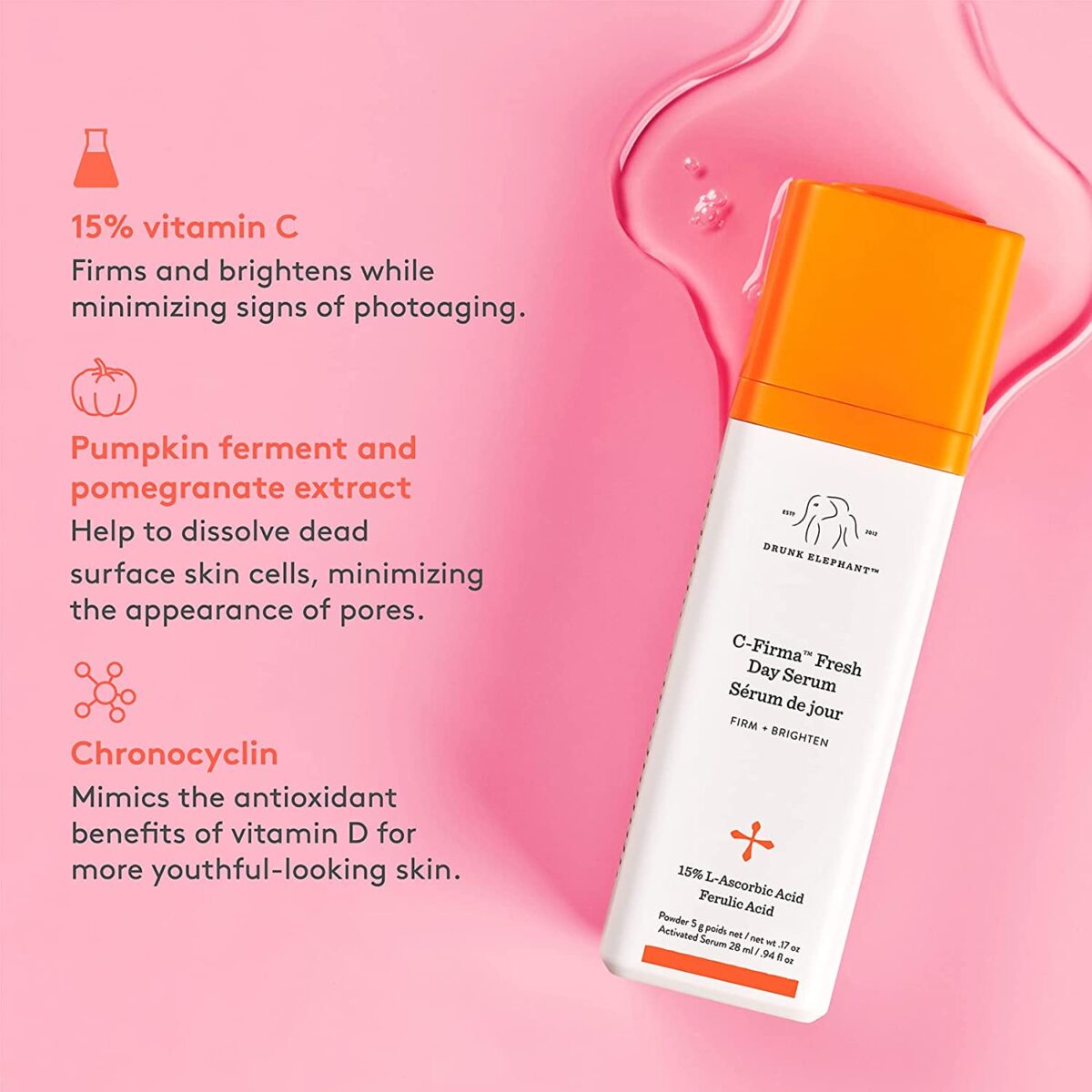 Drunk Elephant C-Firma Fresh Day Serum – Firming and Brightening Serum for Damaged and Aging Skin