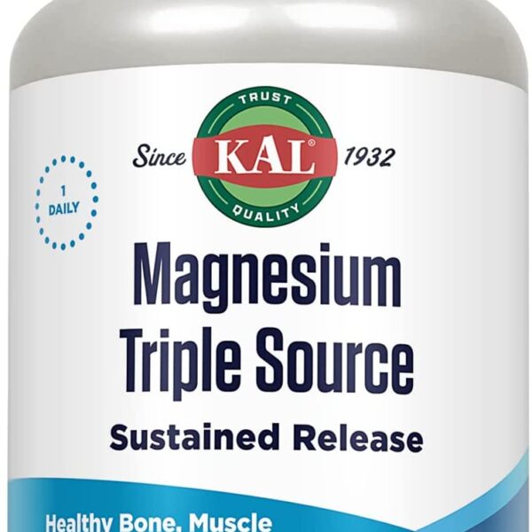 KAL Triple Source Magnesium Complex, Magnesium Citrate, Magnesium Malate, Magnesium Oxide, Sustained Release, Bone, Muscle, Nerve Support, Vegan, Gluten Free, 60-Day Guarantee, 100 Servings, 100 Tabs