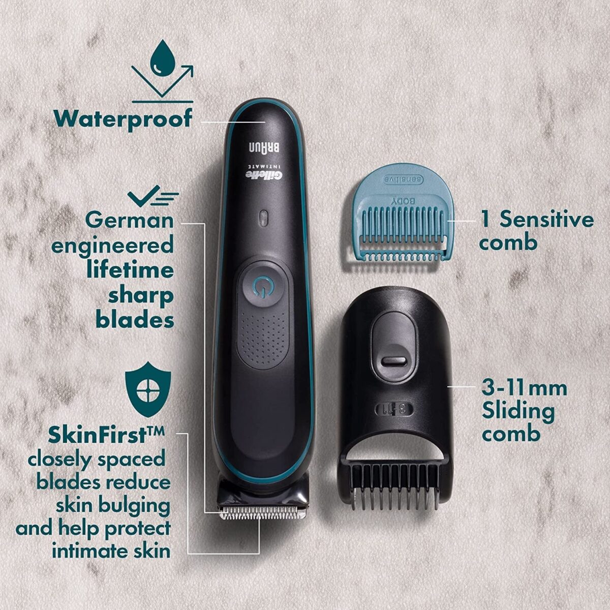 Gillette Intimate Men’S Manscape Pubic Hair Trimmer, Skinfirst Ball Trimmer for Men, Waterproof, Cordless for Wet/Dry Use, Electric Shaver for Men, Lifetime Sharp Blades, Manscaping Body Groomer