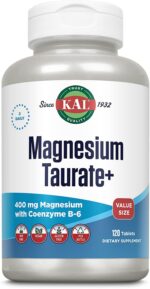 KAL Magnesium Taurate 400Mg plus Coenzyme Vitamin B6, Chelated Magnesium Supplement, Healthy Muscle Function, Nerve and Heart Health Support, Gluten Free, Vegan, 60-Day Guarantee, 45 Serv, 90 Tablets