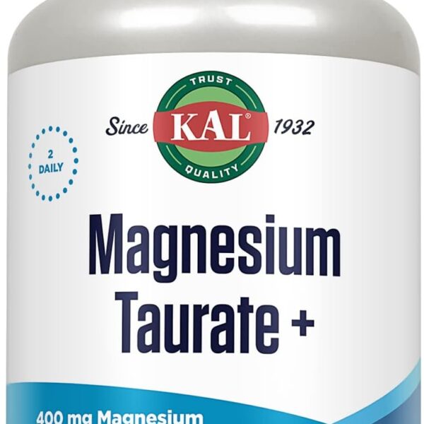 KAL Magnesium Taurate 400Mg plus Coenzyme Vitamin B6, Chelated Magnesium Supplement, Healthy Muscle Function, Nerve and Heart Health Support, Gluten Free, Vegan, 60-Day Guarantee, 45 Serv, 90 Tablets