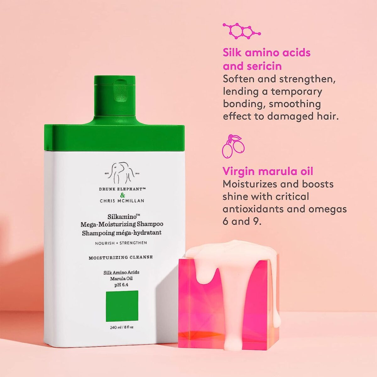 Drunk Elephant Silkamino Mega-Moisturizing Shampoo - Nourishing and Strength, Moisturizing Cleanse for All Hair Types (240 Ml / 8 Fl Oz)