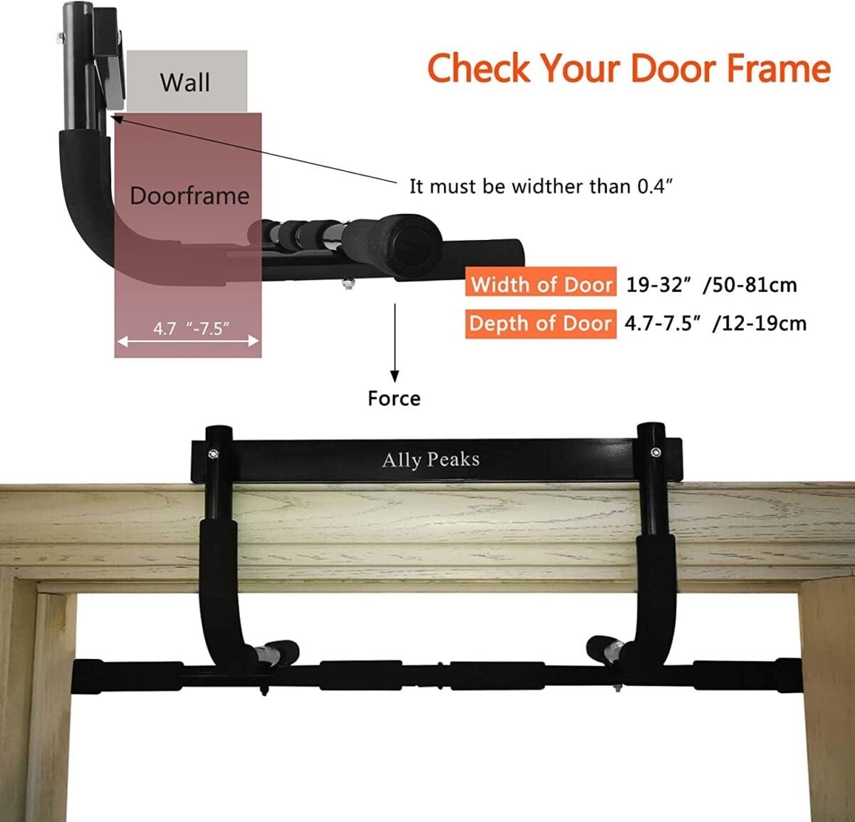 Ally Peaks Pull up Bar for Doorway | Thickened Steel Max Limit 440 Lbs Upper Body Fitness Workout Bar| Multi-Grip Strength for Doorway | Indoor Chin-Up Bar Fitness Trainer for Home Gym Portable