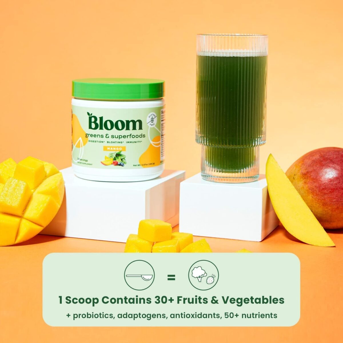 Bloom Nutrition Green Superfood | Super Greens Powder Juice & Smoothie Mix | Complete Whole Foods (Organic Spirulina, Chlorella, Wheat Grass), Probiotics, Digestive Enzymes, & Antioxidants (Mango)