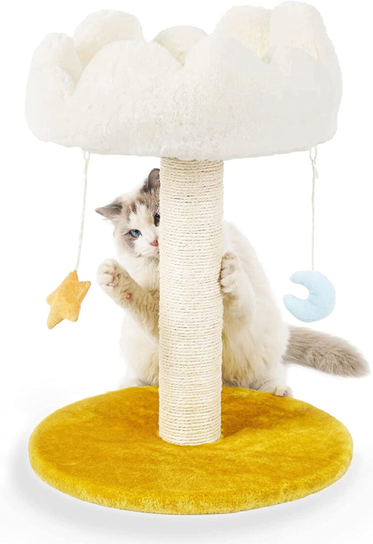 Happi N Pets Cloud Cat Scratching Post with Bed, Cat Tree Tower for Indoor Cats, Nature Sisal Cat Scratcher with Cozy Fluffy Perch for Kitten & Adult Cats, Small Cat Tower with Toys, Stable Cat Stand…