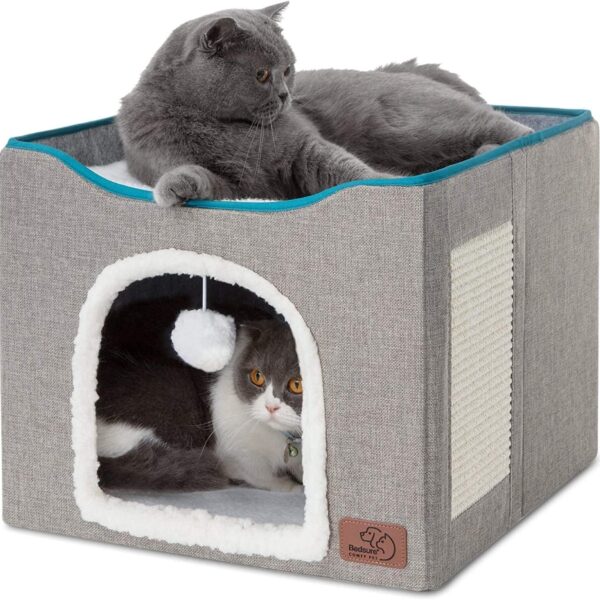 Bedsure Cat Beds for Indoor Cats - Large Cat Cave for Pet Cat House with Fluffy Ball Hanging and Scratch Pad, Foldable Cat Hideaway,16.5X16.5X13 Inches, Grey