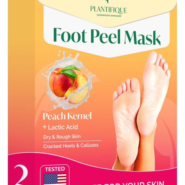 "Get Baby Soft Feet with PLANTIFIQUE Foot Peeling Mask - Dermatologically Tested to Repair Heels and Remove Dry Dead Skin - Exfoliating Foot Peel Mask for Dry Cracked Feet (Peach 2 Pack)"