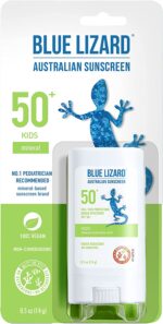 BLUE LIZARD Mineral Sunscreen Stick with Zinc Oxide SPF 50+ Water Resistant UVA/UVB Protection Easy to Apply Fragrance Free, Kids, Unscented, 0.5 Oz