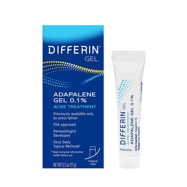 Differin Acne Treatment Gel, 30 Day Supply, Retinoid Treatment for Face with 0.1% Adapalene, Gentle Skin Care for Acne Prone Sensitive Skin, 15G Tube (Packaging May Vary)