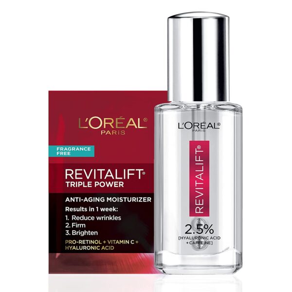 L'Oreal Paris Revitalift Hyaluronic Acid + Caffeine Hydrating Eye Serum, Fragrance Free .67 Fl. Oz + Moisturizer Sample