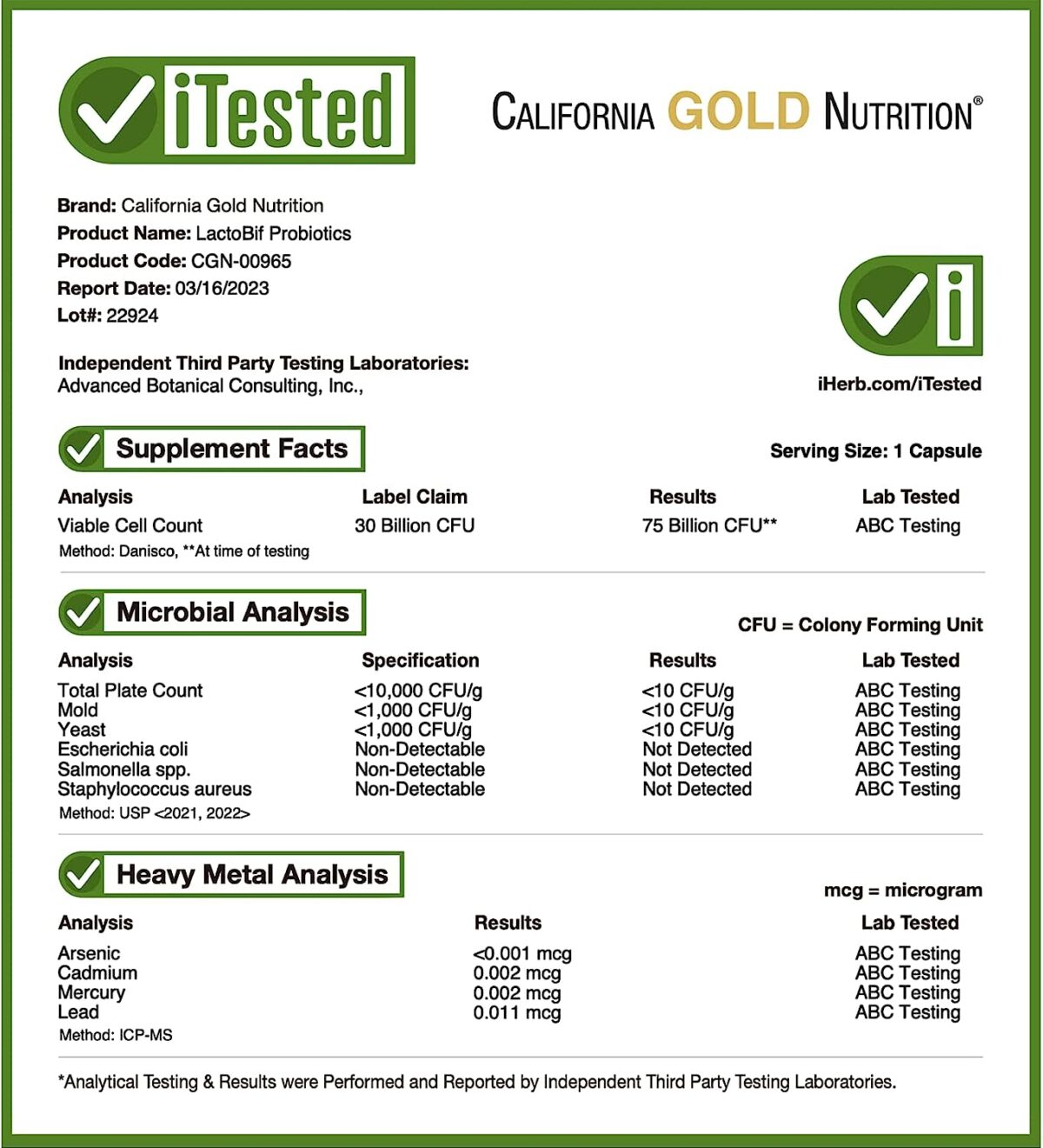 California Gold Nutrition Lactobif Probiotics, 30 Billion CFU, 60 Veggie Capsules