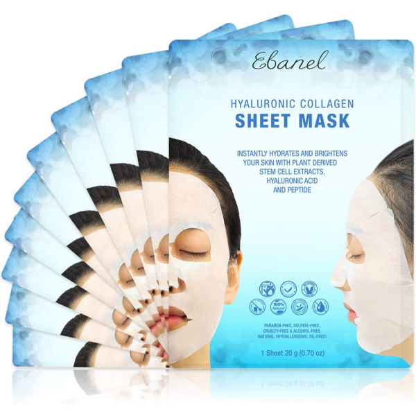 Ebanel 10 Pack Collagen Face Mask, Instant Brightening & Hydrating Face Sheet Mask with Aloe Vera, Hyaluronic Acid, Vitamin C and E, Chamomile, anti Aging Face Mask with Hydrolyzed Collagen, Peptide