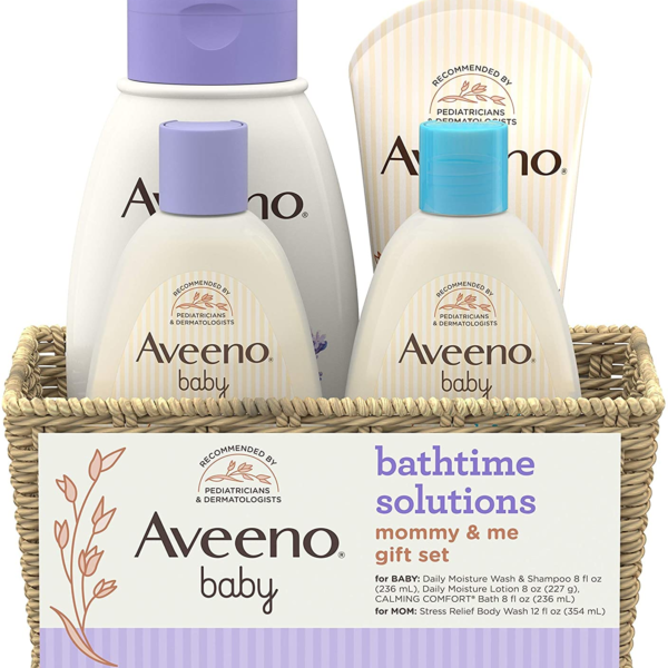 Aveeno Baby Mommy & Me Daily Bathtime Gift Set Including Baby Wash & Shampoo, Calming Baby Bath & Wash, Baby Moisturizing Lotion & Stress Relief Body Wash for Mom, 4 Items