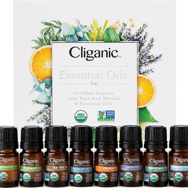 Cliganic USDA Organic Aromatherapy Essential Oils Holiday Gift Set (Top 8), 100% Pure Natural - Peppermint, Lavender, Eucalyptus, Tea Tree, Lemongrass, Rosemary, Frankincense & Orange