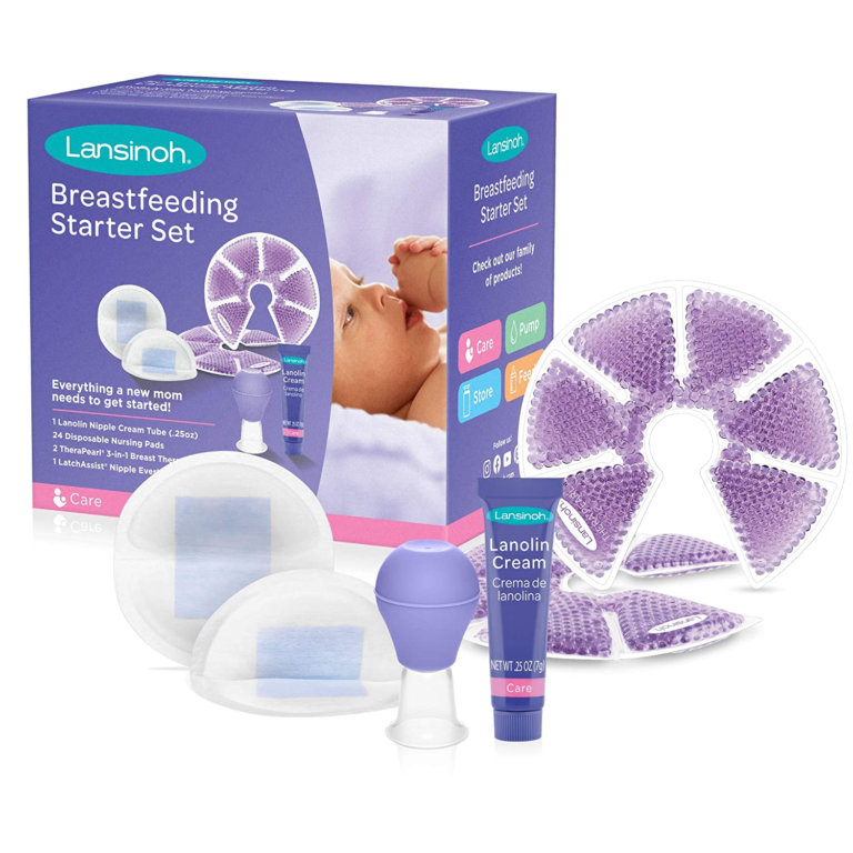 Lansinoh Breastfeeding Starter Set for Nursing Mothers, Breastfeeding Gift for Baby Showers and New Moms, Contains Nursing Essentials and Breast Therapy