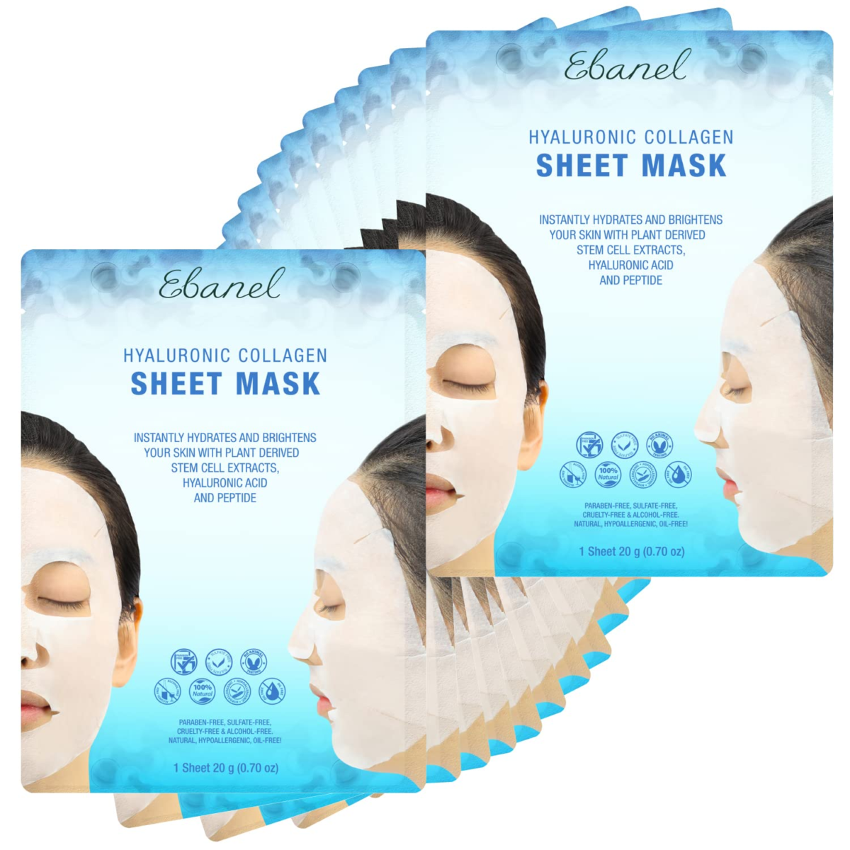 Ebanel 10 Pack Collagen Face Mask, Instant Brightening & Hydrating Face Sheet Mask with Aloe Vera, Hyaluronic Acid, Vitamin C and E, Chamomile, anti Aging Face Mask with Hydrolyzed Collagen, Peptide