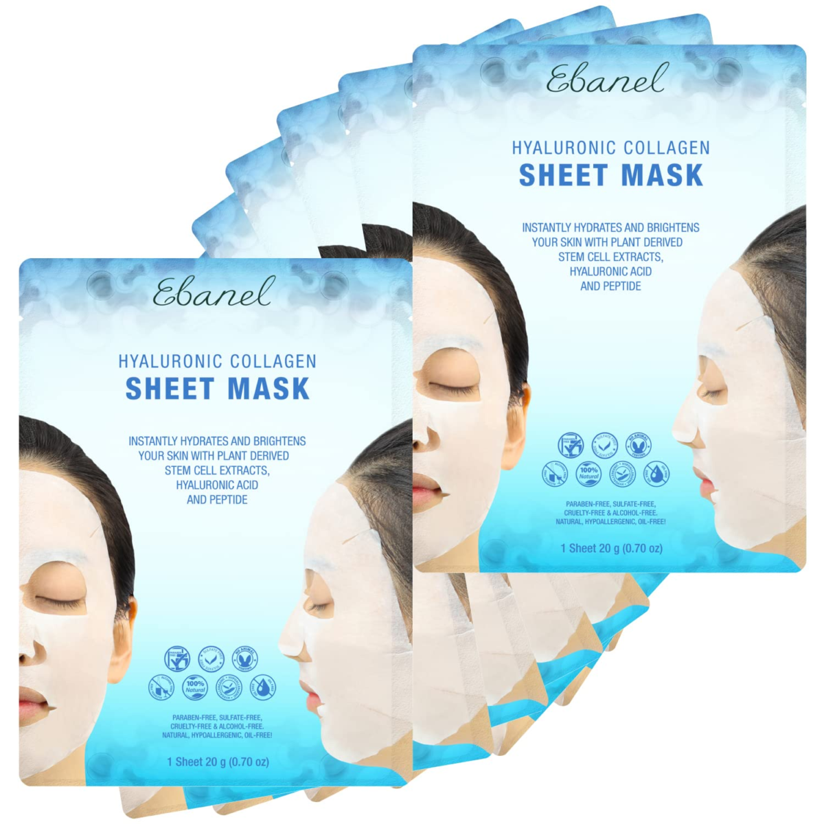 Ebanel 10 Pack Collagen Face Mask, Instant Brightening & Hydrating Face Sheet Mask with Aloe Vera, Hyaluronic Acid, Vitamin C and E, Chamomile, anti Aging Face Mask with Hydrolyzed Collagen, Peptide