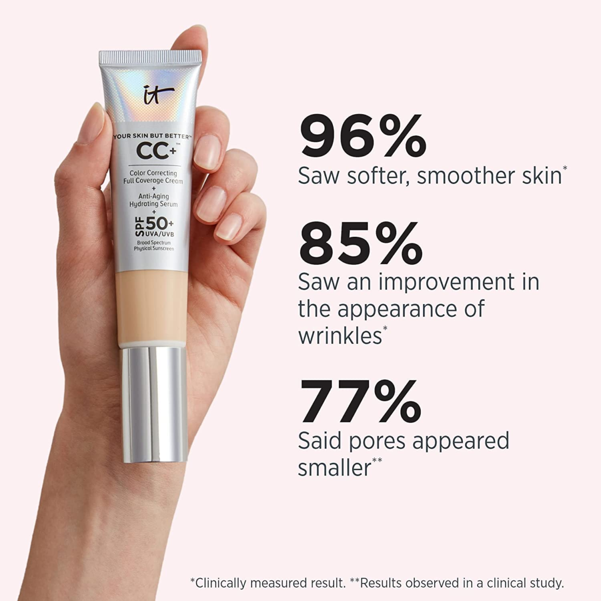 IT Cosmetics Your Skin but Better CC+ Cream, Light (W) - Color Correcting Cream, Full-Coverage Foundation, Hydrating Serum & SPF 50+ Sunscreen - Natural Finish - 1.08 Fl Oz