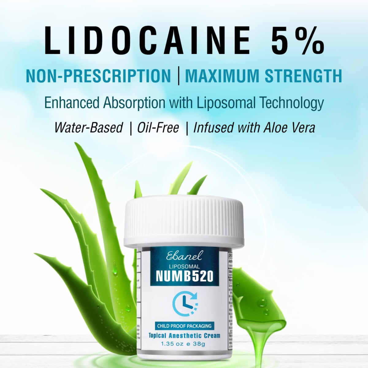 Ebanel 5% Lidocaine Topical Numbing Cream Maximum Strength 1.35 Oz, Numb520 Pain Relief Cream Anesthetic Cream Infused with Aloe Vera, Vitamin E, Lecithin, Allantoin, Secured with Child Resistant Cap