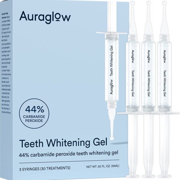 "Get a Brighter Smile with Auraglow 44% Teeth Whitening Gel Syringe Refill Pack - Fast Results, 3X Syringes, 30 Whitening Treatments!"