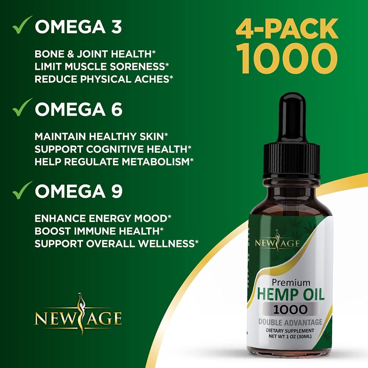 Hemp Oil - 4 Pack - 1000Mg of Hemp - Grown & Made in USA - Natural Hemp Drops by Newage