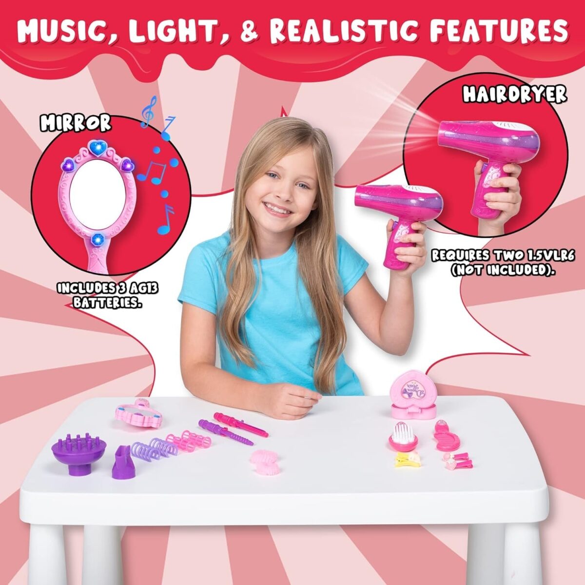 "Ultimate Glamour Makeover Set for Girls - 17Pcs Pretend Play Beauty Salon Kit with Hairdryer, Curling Iron, and More! Perfect for Fashionable Kids, Birthday Parties, and Endless Fun!"