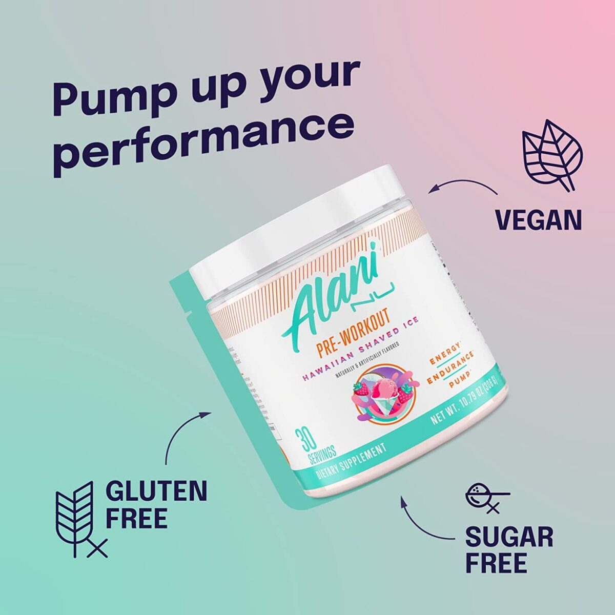 "Boost Your Workouts with Alani Nu Pre Workout Powder - Energize, Endure, and Pump Up Your Performance! Sugar Free, 200mg Caffeine, Amino Acids, and a Refreshing Hawaiian Shaved Ice Flavor - 30 Servings"