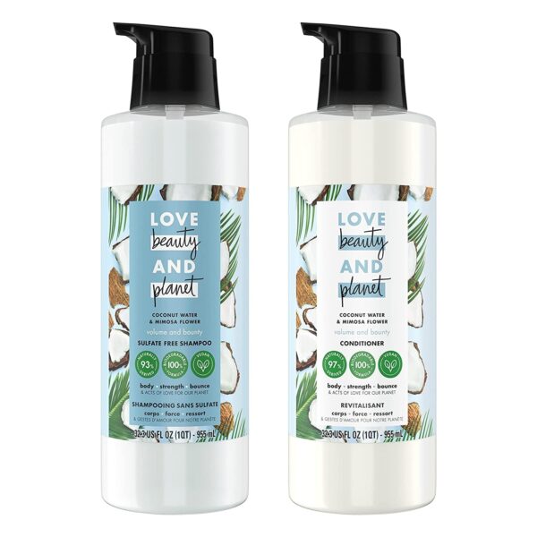 Love Beauty and Planet Volume and Bounty Thickening Shampoo and Conditioner Coconut Water and Mimosa Flower 2 Count Hair Care for Fine Hair Sulfate-Free, Paraben-Free, Vegan 32 Oz